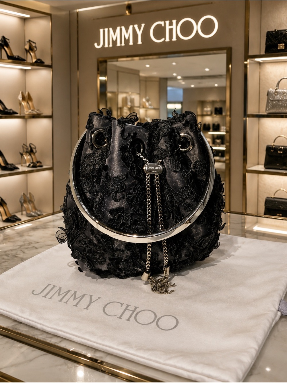 Jimmy Choo Black Floral Appliqué Drawstring Bucket Bag with Silver Ring